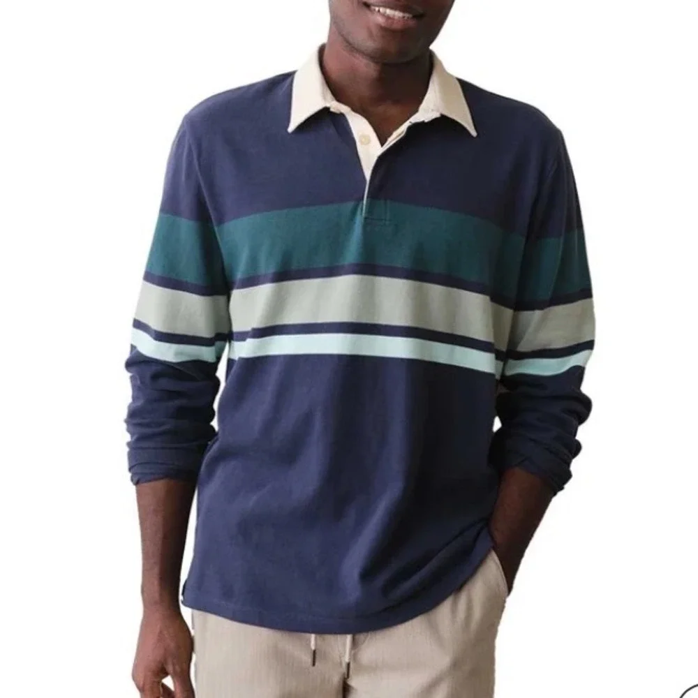 Marine Layer Sueded Rugby Polo Navy Green Stripe Medium‎ New With Tags