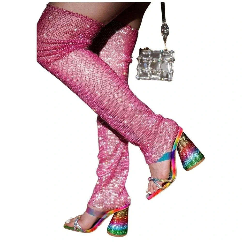 Cape Robbin Beatrizia Rainbow Rhinestone Block Heels Pink Mesh Leggings Set 8.5‎