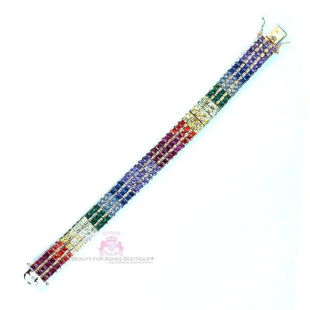 Multicolor Rainbow Yellow Gold Plated Gods Promise Triple Row Gala Bracelet 7.5