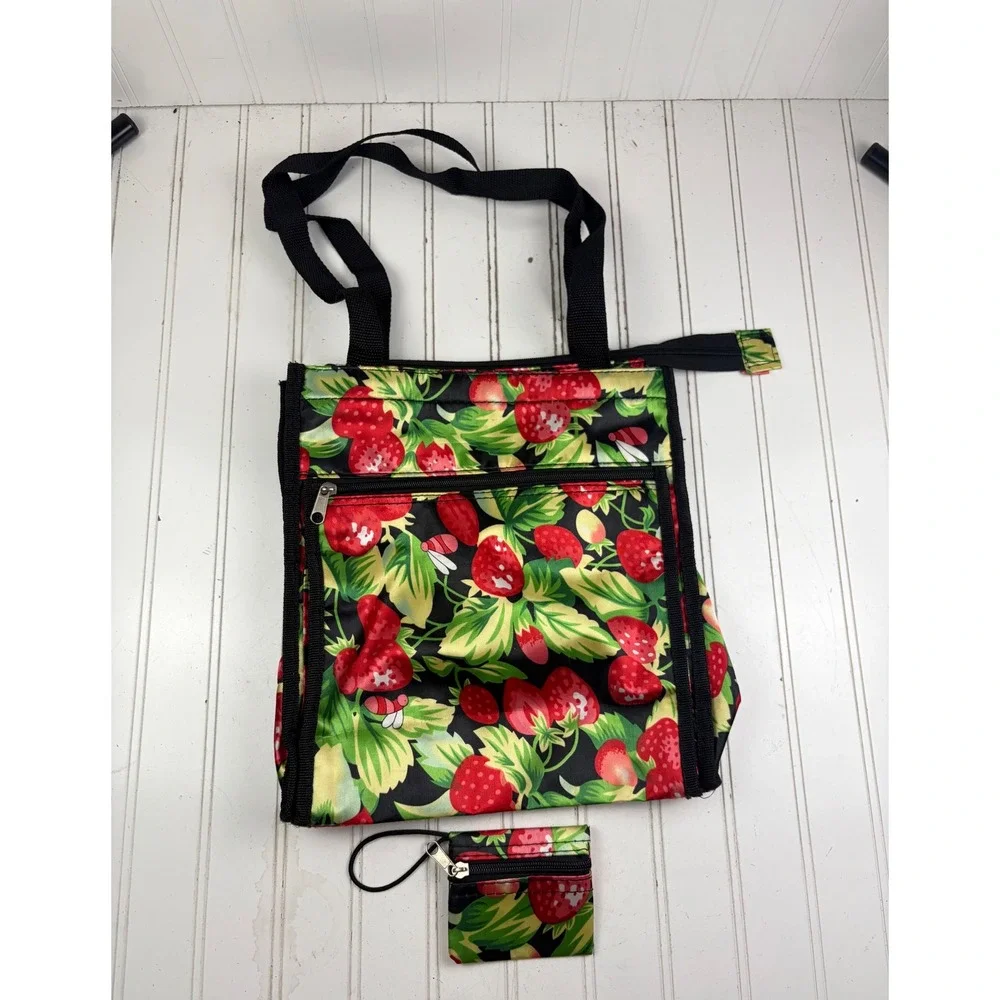 Vintage Y2K Strawberry Print Foldable Reusable Tote Shopping Bag with Coin Pouch