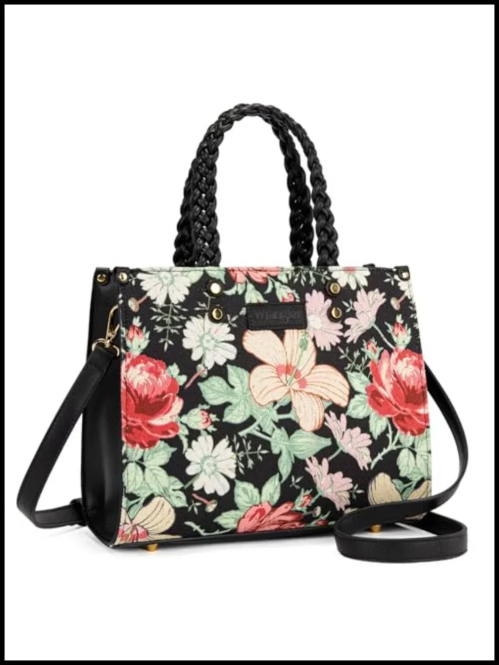 Floral Tote Bag with Braided Details and Adjustable Strap, Faux Leather