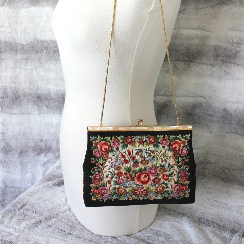 Vintage Style Petite Needlepoint Point Embroidery Handbag Gold Strap Purse