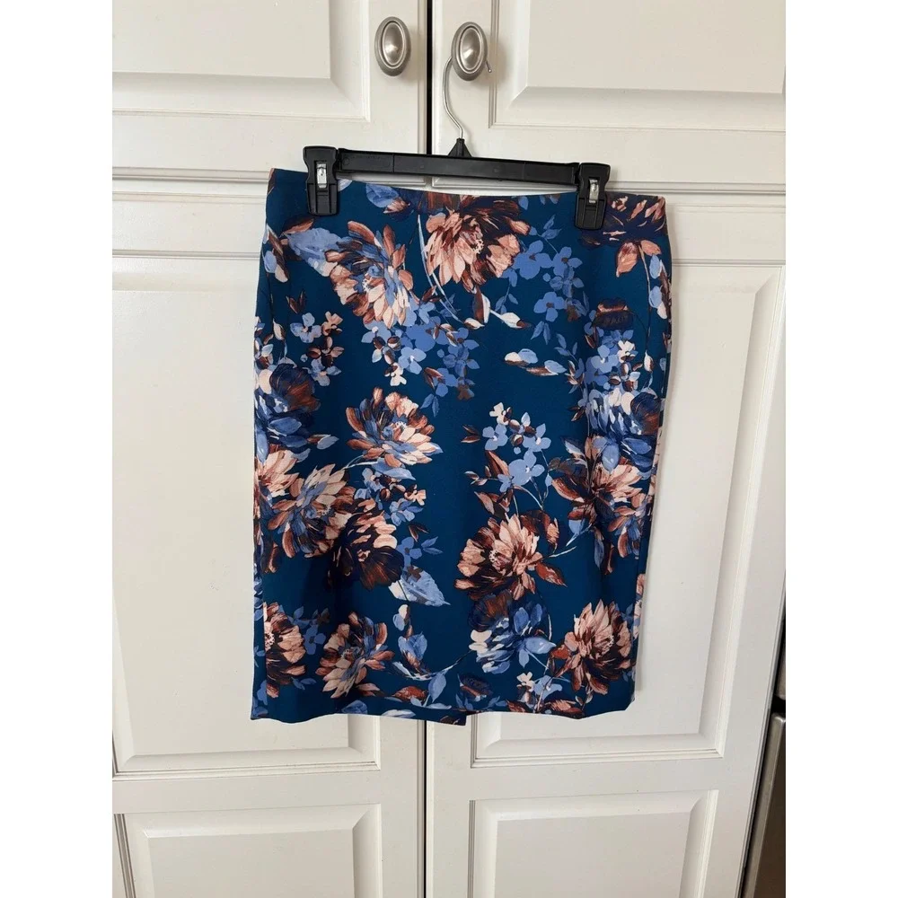 Talots‎ Womens Blue Floral Pencil Skirt Teal Knee Length Career Wear Size 6