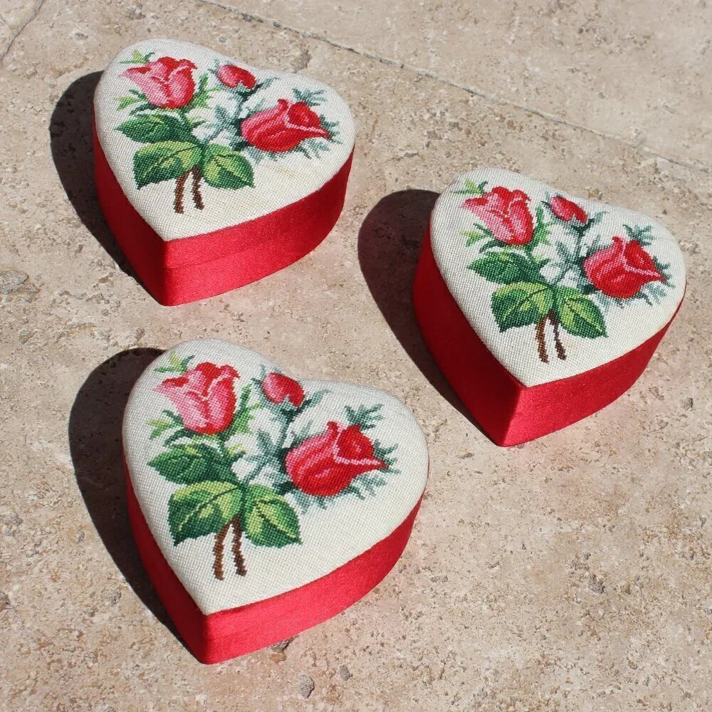 Needlepoint Mini Petite Stitch Roses Floral Red Heart Containers Set of 3