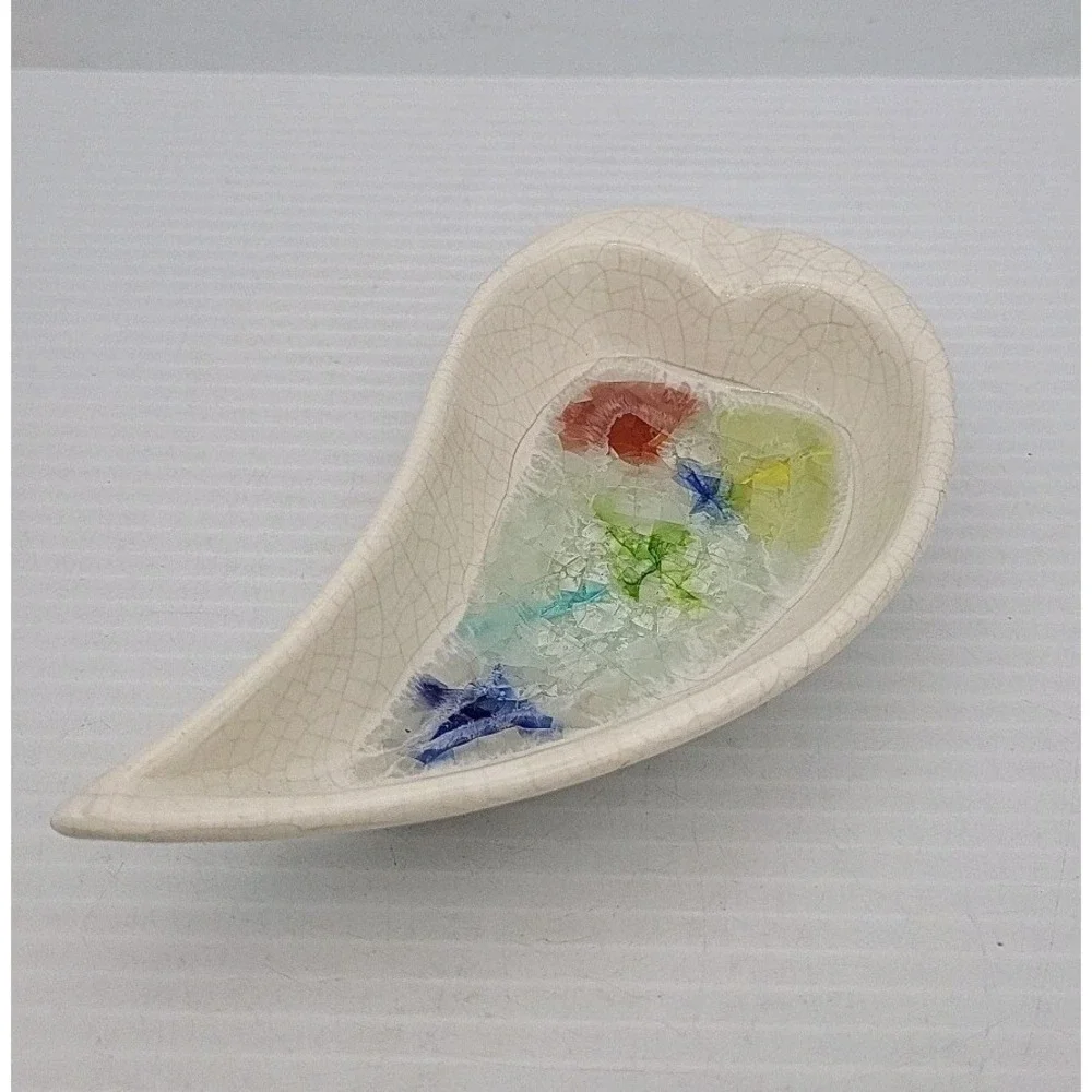 Vintage JACQUIN California Pottery Leaf‎ Shaped Dish with Crackle Glass Edge