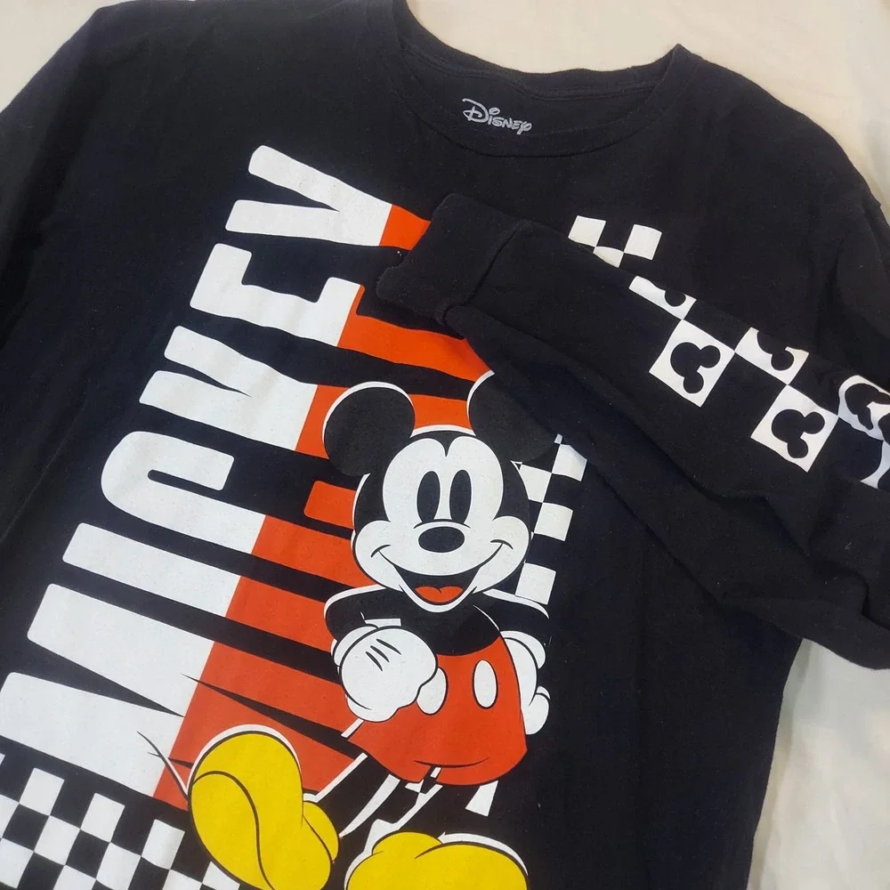 Disney Mickey Mouse Long Sleeve Graphic‎ Tee Black Mens XL Checkerboard Sleeve