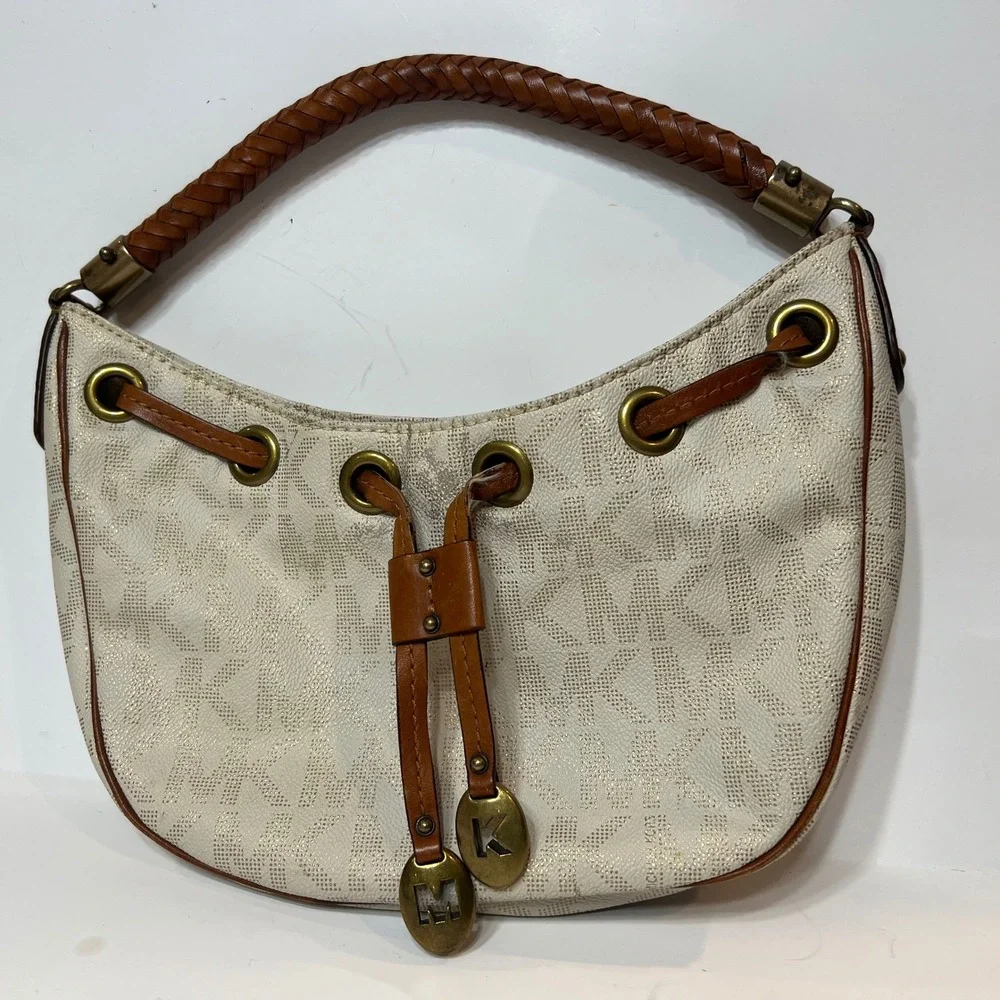 Michael Kors Signature MK Monogram Hobo Bag Cream Gold Braided‎ Leather Handle