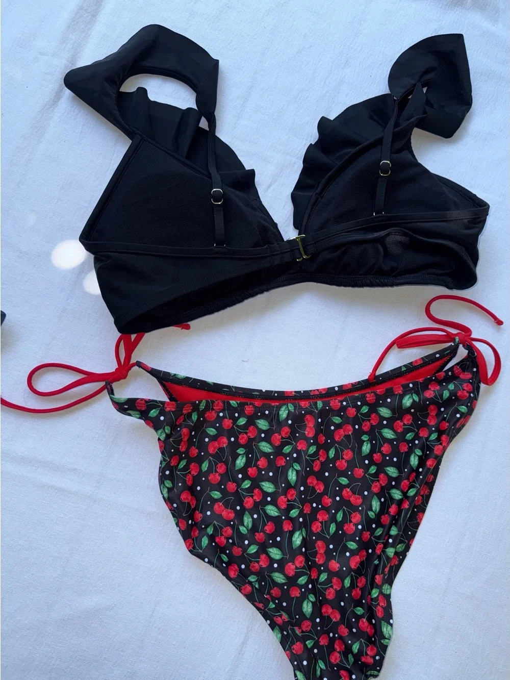 Size XL Black Ruffle Bikini Top with Cherry Print Tie-Side Bottoms