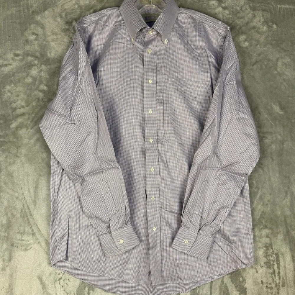 Nordstrom Traditional Fit Mens Dress Shirt Purple Gingham Long Sleeve Size 16 35