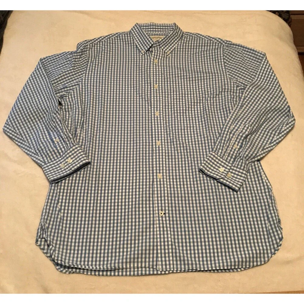 Banana Republic Button Front Shirt Mens XL Blue White Check 100% Cotton EUC