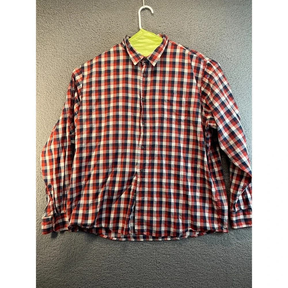 Wrangler‎ Jeans Co Red Shirt Mens 2XL Orange Navy Plaid Pearl Snap Western Rodeo