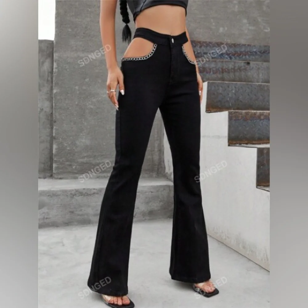 NWT women’s jeans cut out chain flare dark edgy steampunk festival‎ black