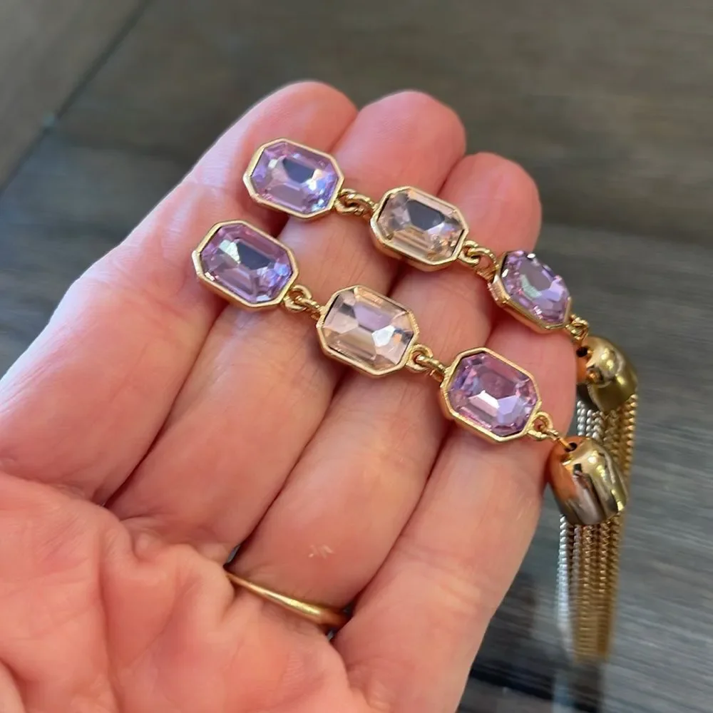 Long Dangling Pink & Purple Gold-tone Tassel Earrings