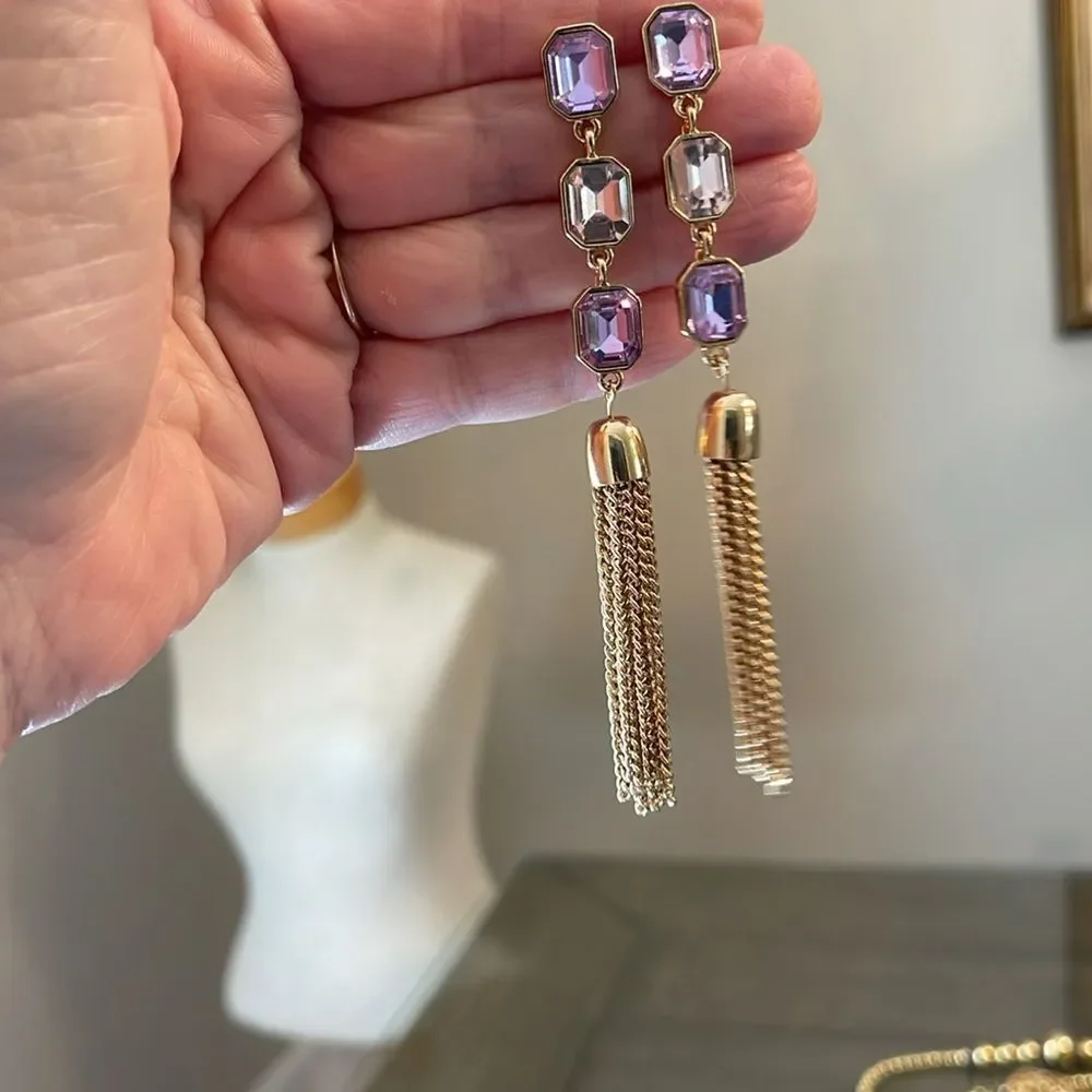 Long Dangling Pink & Purple Gold-tone Tassel Earrings