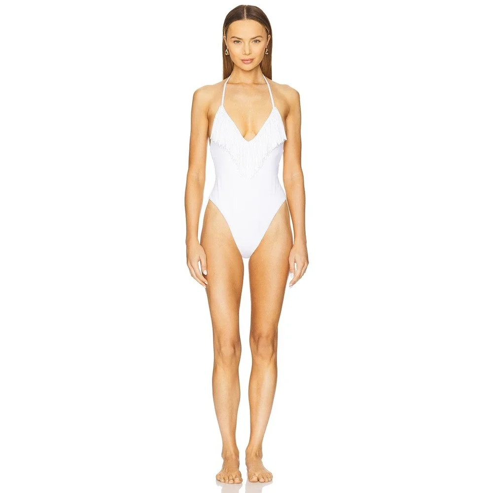 L*Space Desert Days Fringe One Piece Swimsuit Womens Large White‎ $198