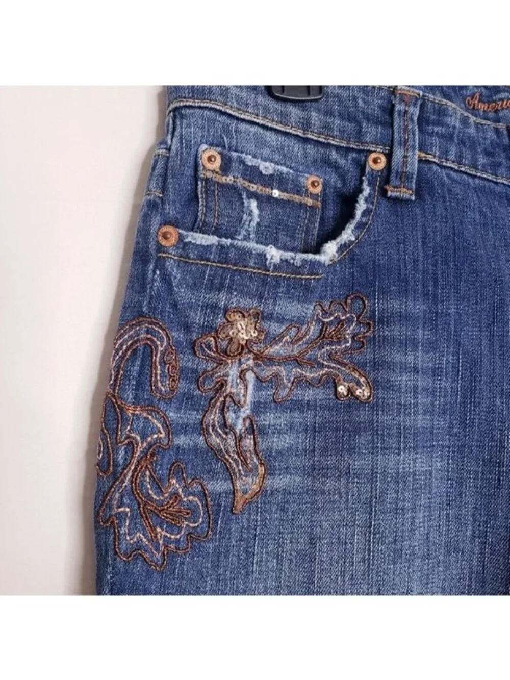 American Eagle Stretch Boot Beaded Distressed Bootcut Jeans Y2K Women's Size 6