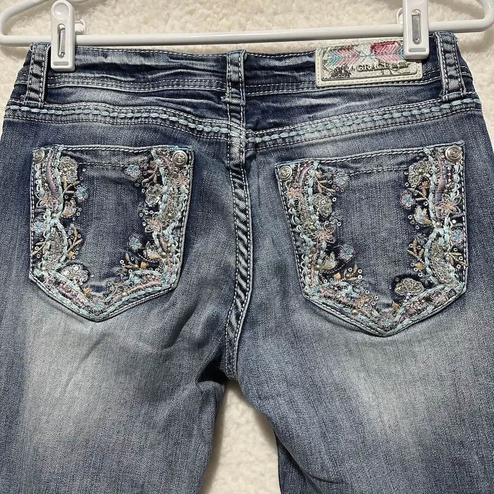 Grace In LA Boot Cut Embellished Embroidered Blue Light Wash‎ Faded Jeans Sz 28