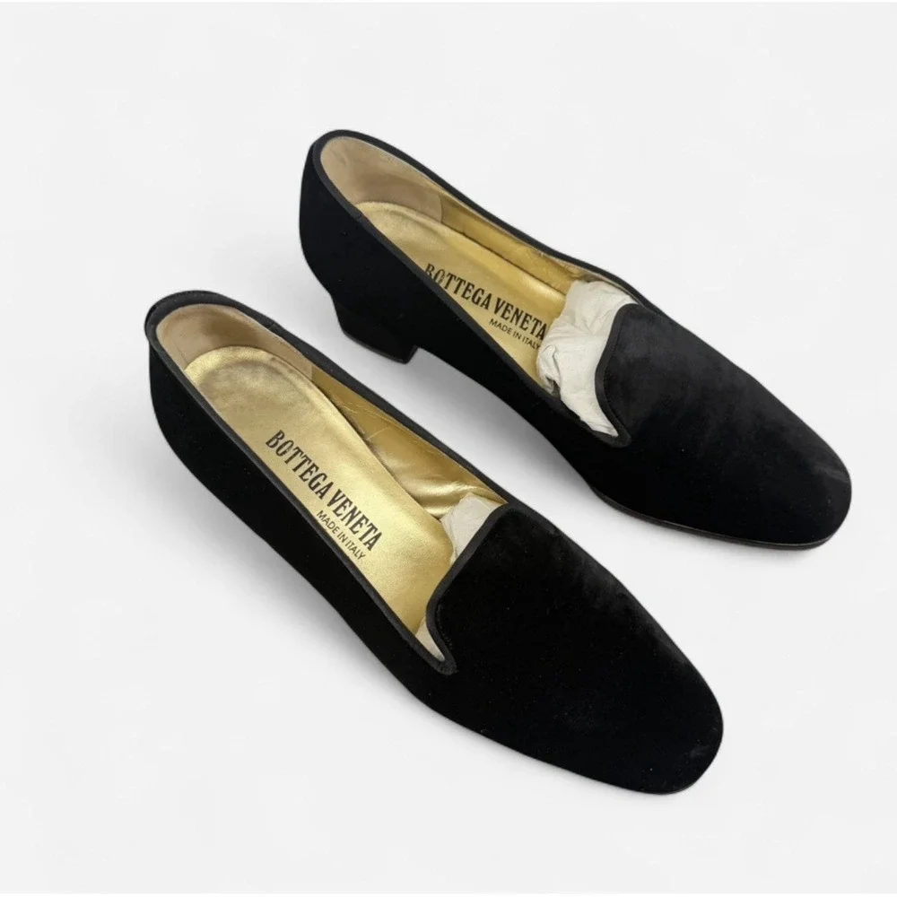 VTG Bottega Veneta‎ Sz 7.5B Black Velvet Classic Low Block Heel W/ Box & Dustbag