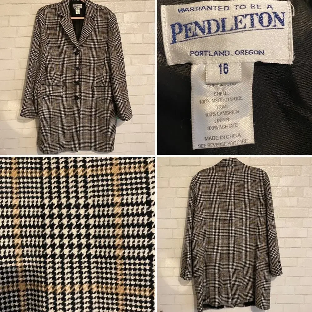 Pendleton $268 Women’s 16 Blk Ivory Tan Houndstooth 100% Wool Coat Jacket EUC