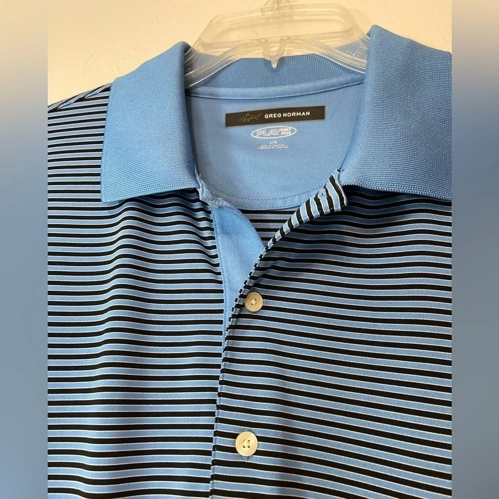 Greg Norman~Light Blue & Black Stripped Play Dry Golf Polo Shirt~Size L