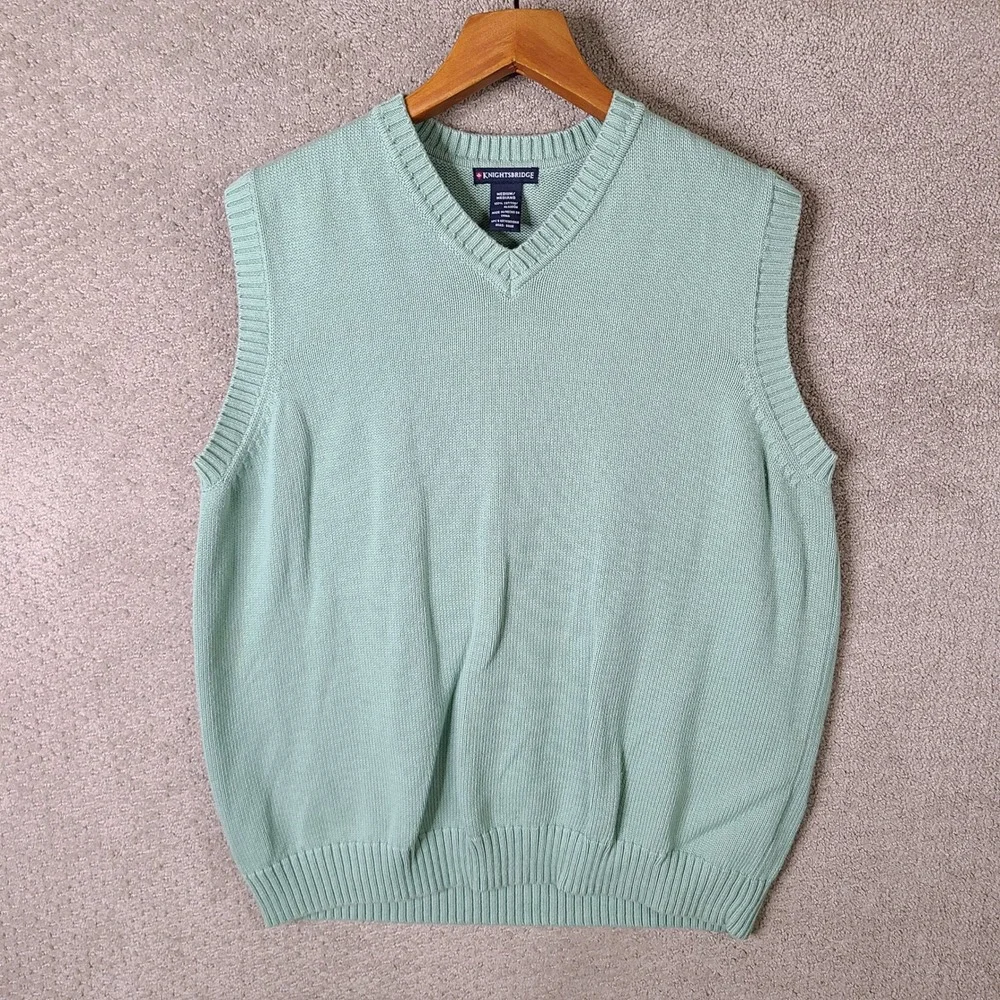Knightsbridge‎ Sweater Vest Mens M Green V-Neck Mint Cotton Golf Casual Knit