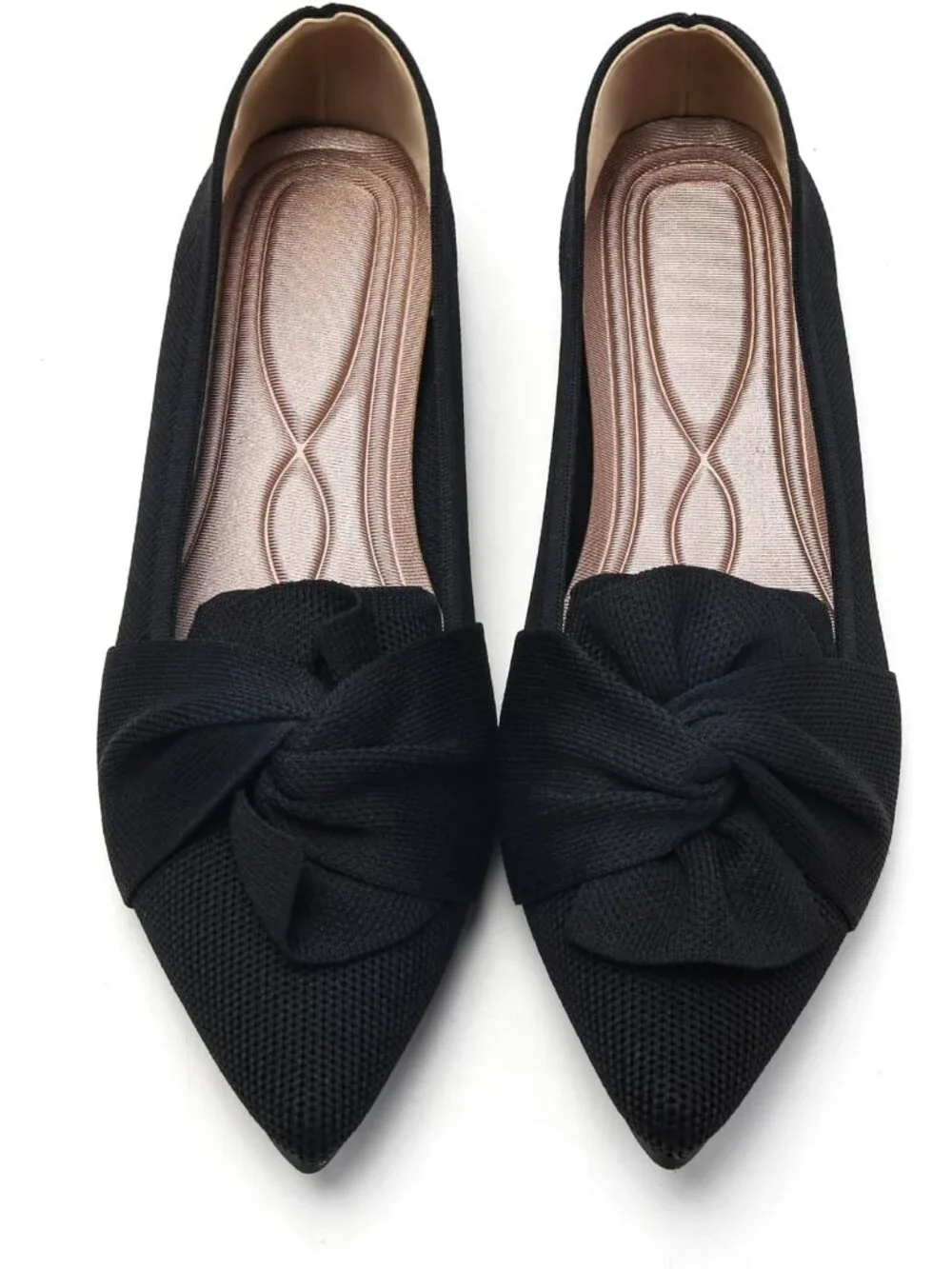 Women's Black Pointed Toe Ballet Flats with Bow Comfortable Knit Dressy Shoes