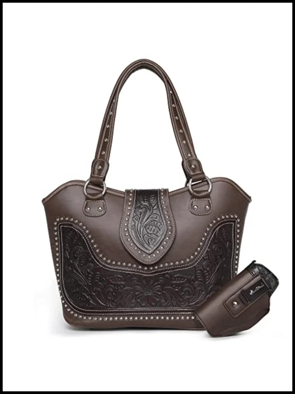 Western Tooled Tote Bag with Holster - Vegan Leather Shoulder Bag