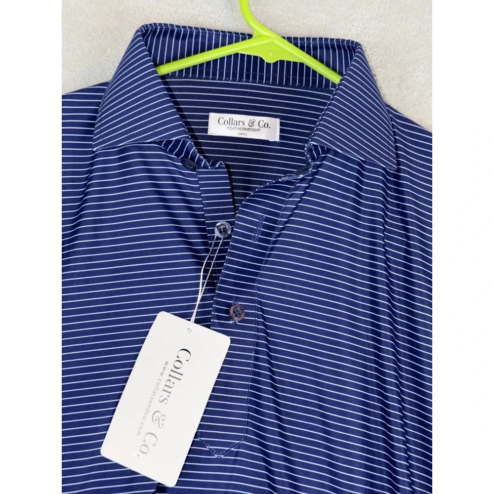 Collars & Co Featherweight Men's Navy White‎ Stripe Polo Shirt Size Small NWT