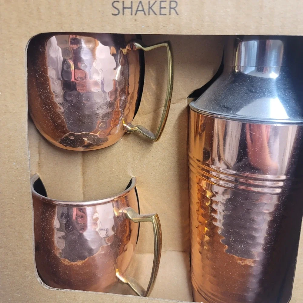 3 PC Moscow Mule Mug and Cocktail Shaker Bar Set‎ Hammered Copper BI-70521-D NEW