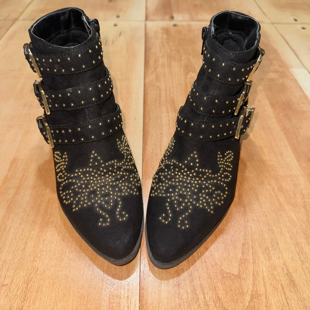 Topshop Black Studded Buckle Ankle Boots Gold Hardware Western Booties EU 37