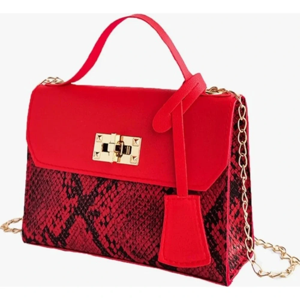 Snakeskin Red‎ Crossbody Bag Gold Chain Strap Party Clutch PU Leather NEW