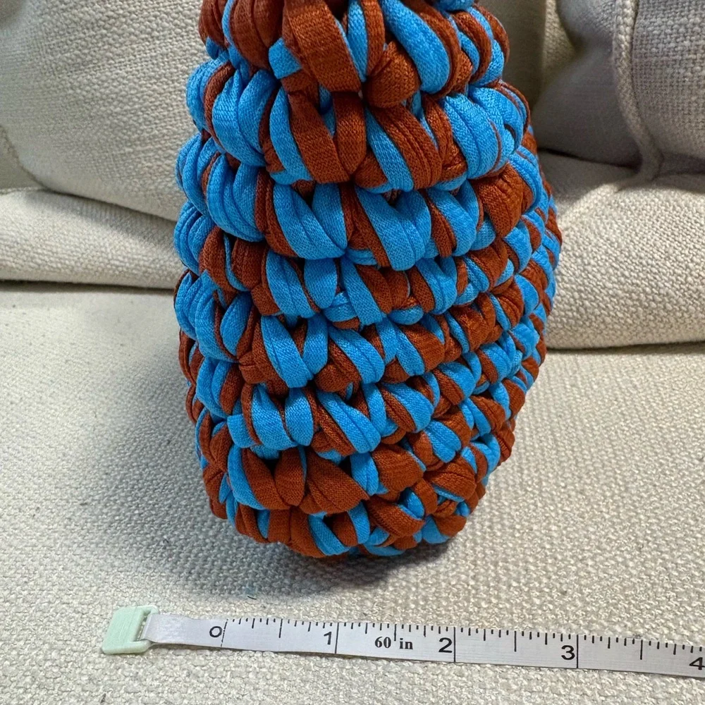 NEW Handcrafted Blue and Brown Woven Bag with Wood Handles.