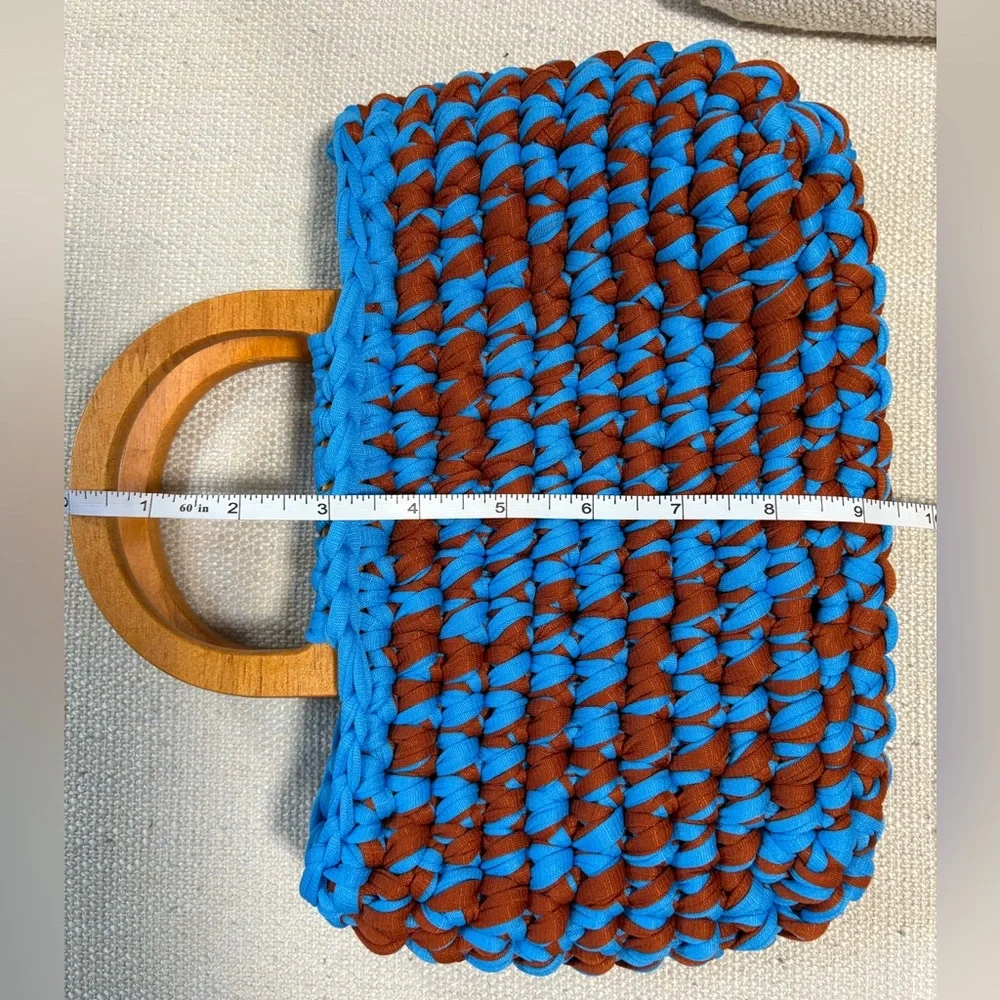 NEW Handcrafted Blue and Brown Woven Bag with Wood Handles.