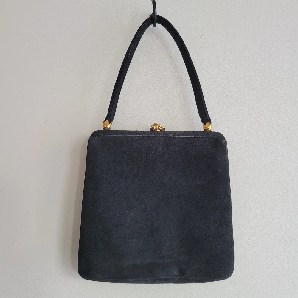 Vintage 60s Coblentz perma‎ suede black satchel handbag purse gold rose detail