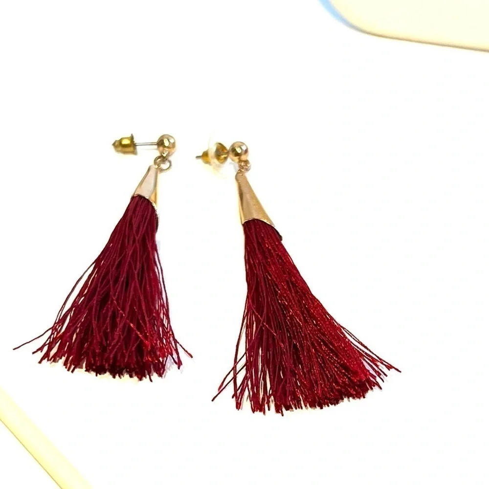 Maroon tassel earring