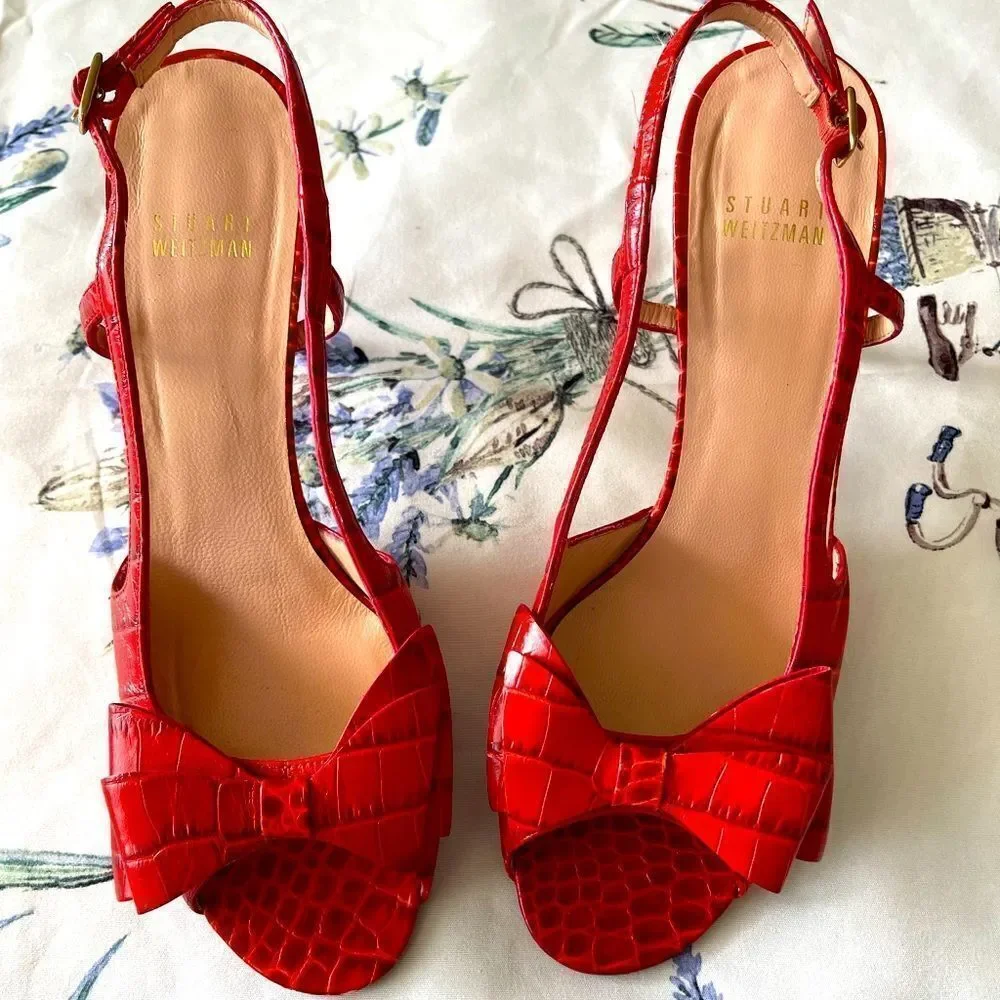 ‎Stuart Weitzman Red Croc Embossed Sandal heels
