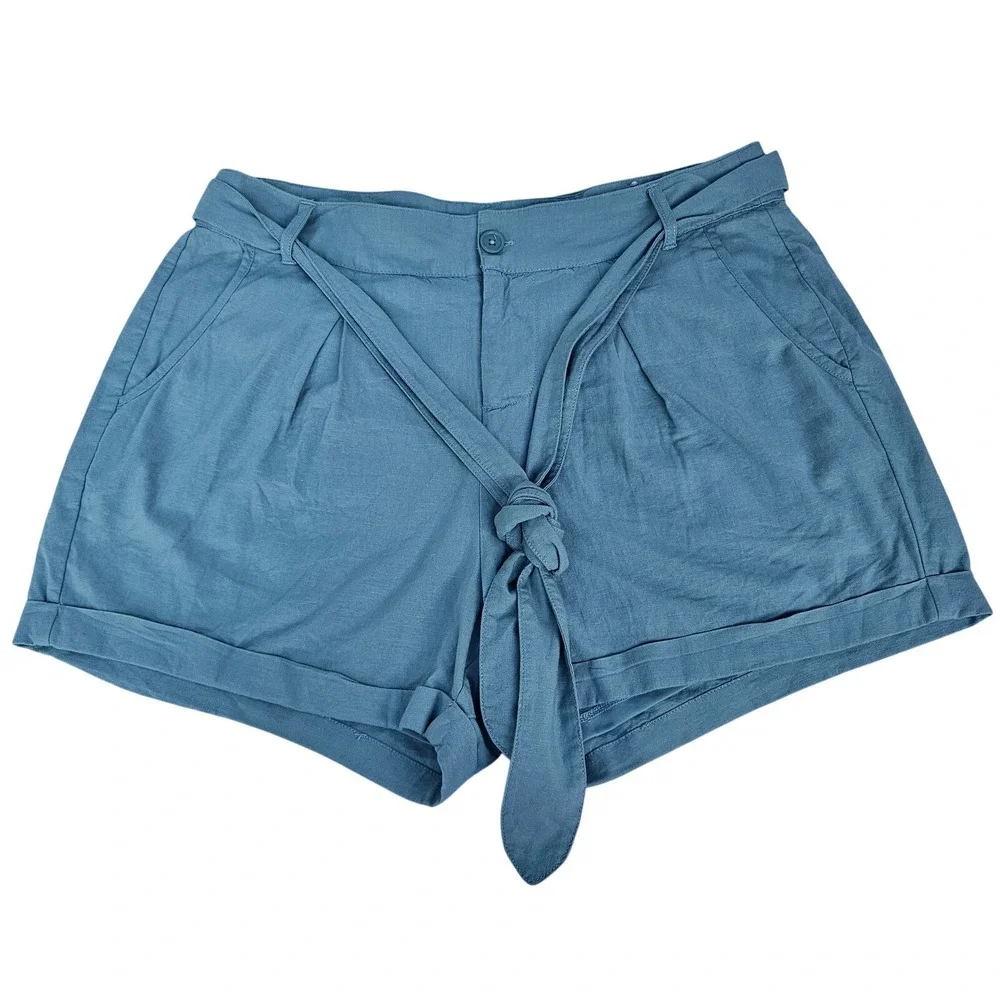 New Torrid Shorts Women 10 M Teal Linen Tie Front Pleated Pockets Beachy Coastal