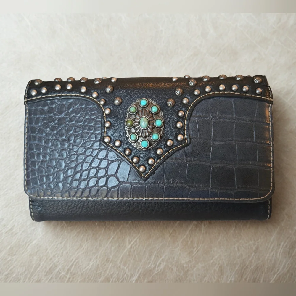 American Bling Western Black Faux Leather Wallet Turquoise Concho‎ Embellishment