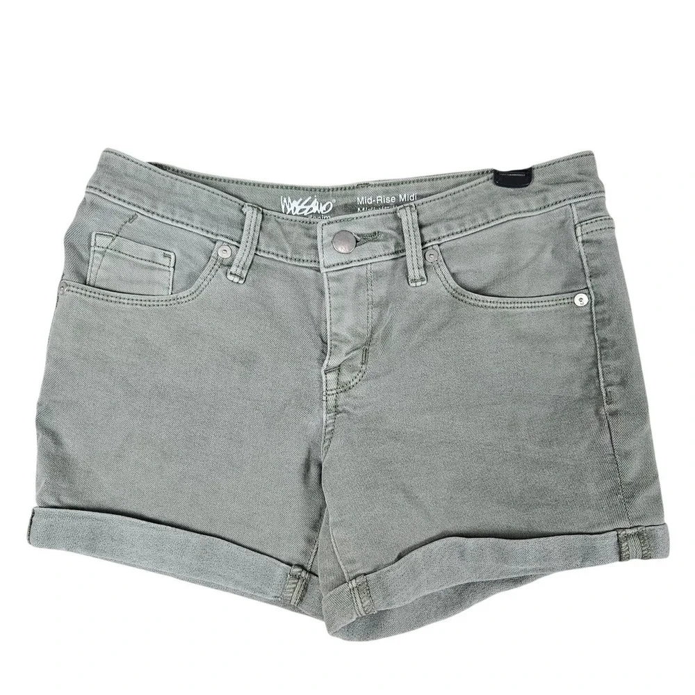 Mossimo Denim Shorts Olive Green Mid-Rise Midi Cuffed Stretch 2/26R Summer, Boho