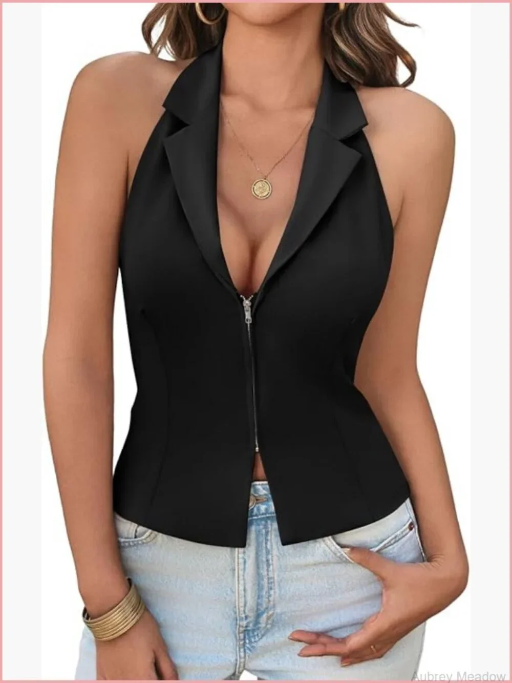 Sexy Halter Blazer Vest Top Deep V Neck Zip Up Backless Smocked Waistcoat