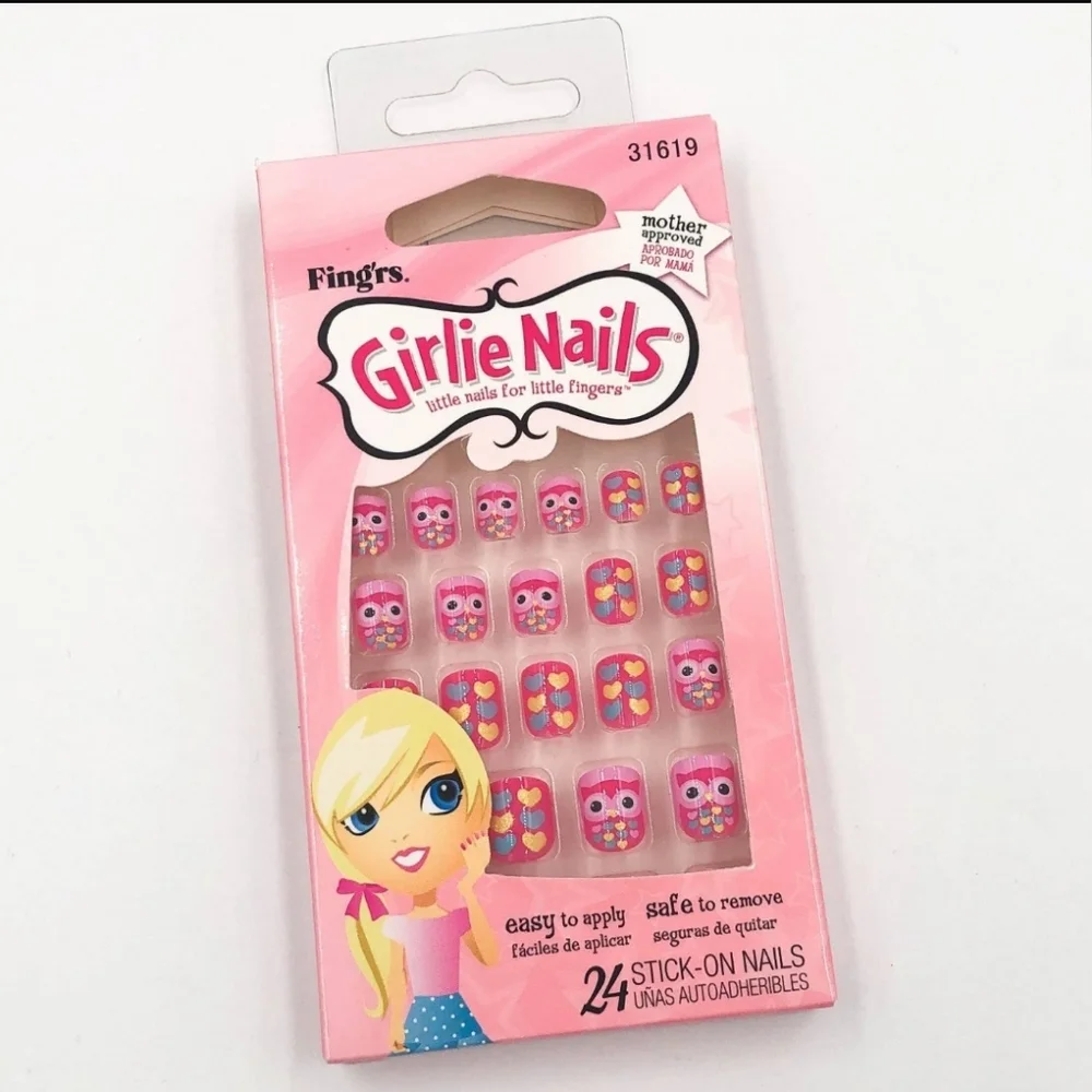 Fing'rs Girlie Nails 24 Stick-On-Nails #31619 Owls & Hearts Design NWT