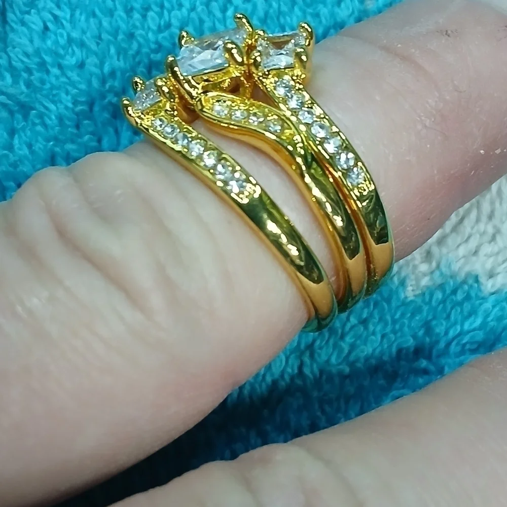 Goldtone wedding engagement 3 ring set cubic zirconia size 7
