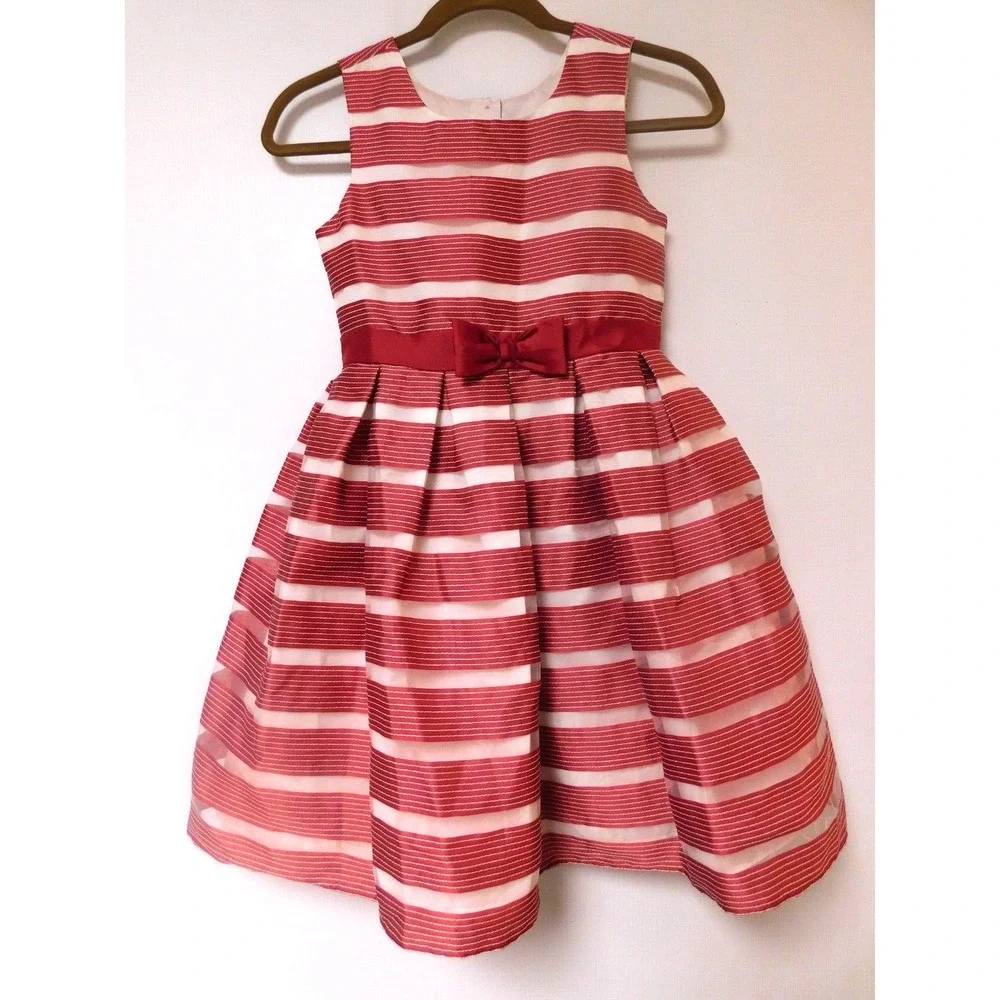 Jona Michelle Girls Size 10  Cranberry and White Striped Dress‎ Bow in front
