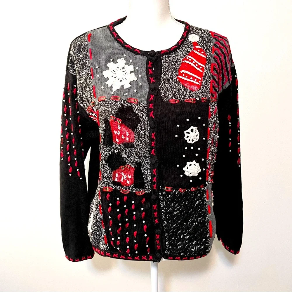 Designers Originals Holiday Christmas Cardigan Sweater with Scottie Dogs Size L