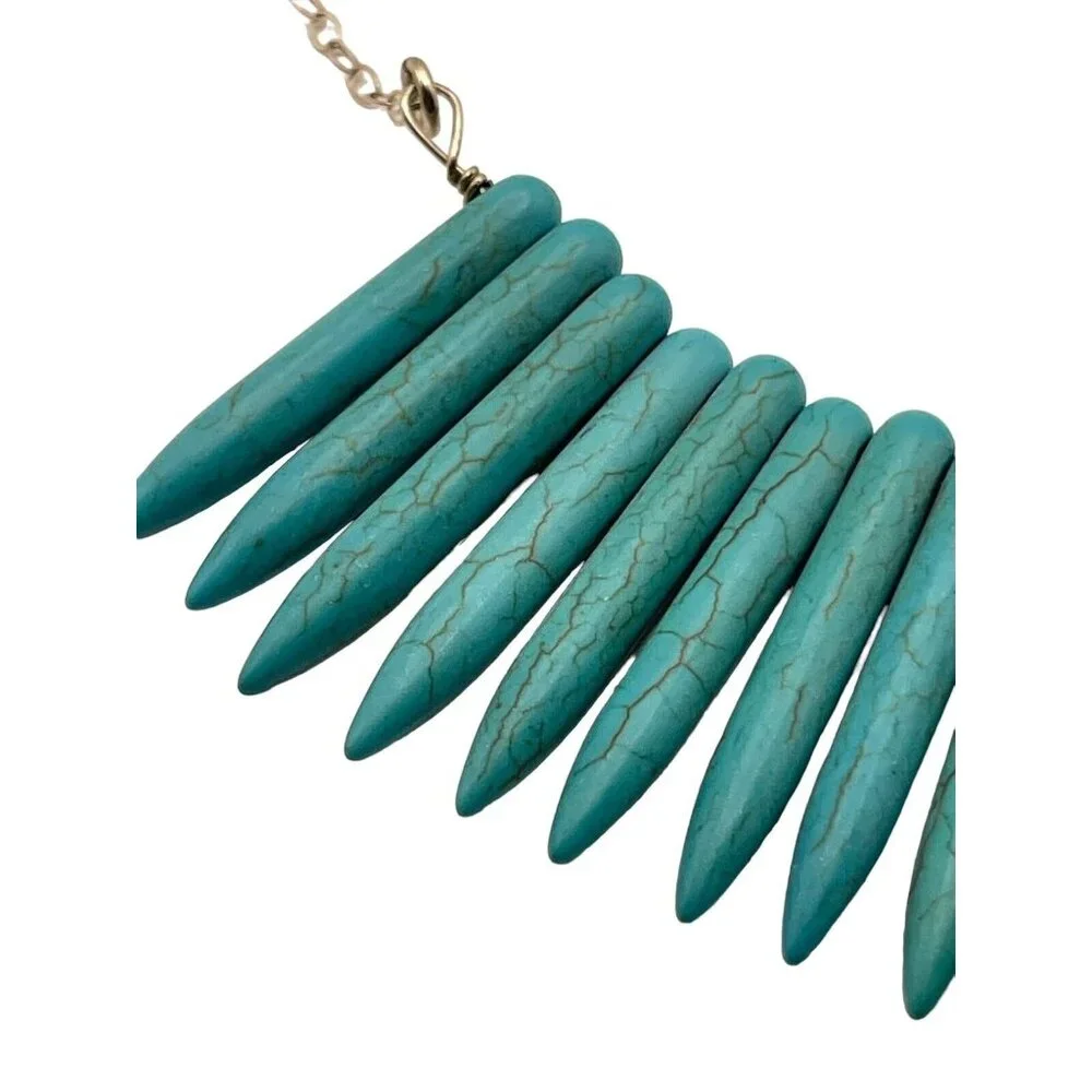 Blue Howlite Turquoise Graduated Spike Points Beads Sterling Silver 925 Necklace