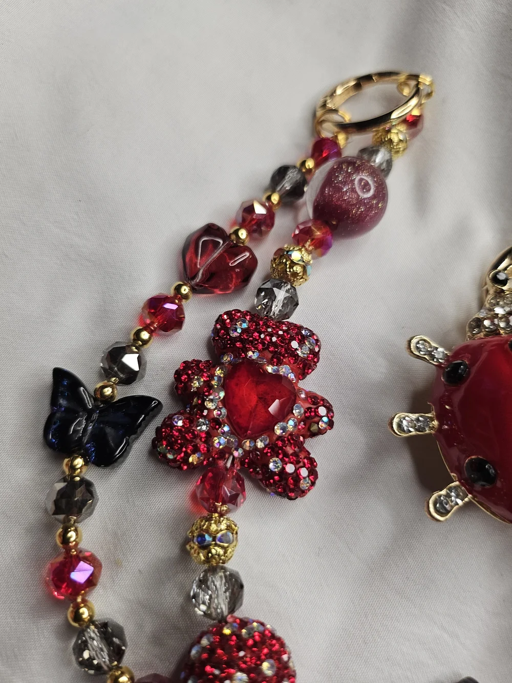 Red Ladybug Charm Statement Bracelet Necklace
