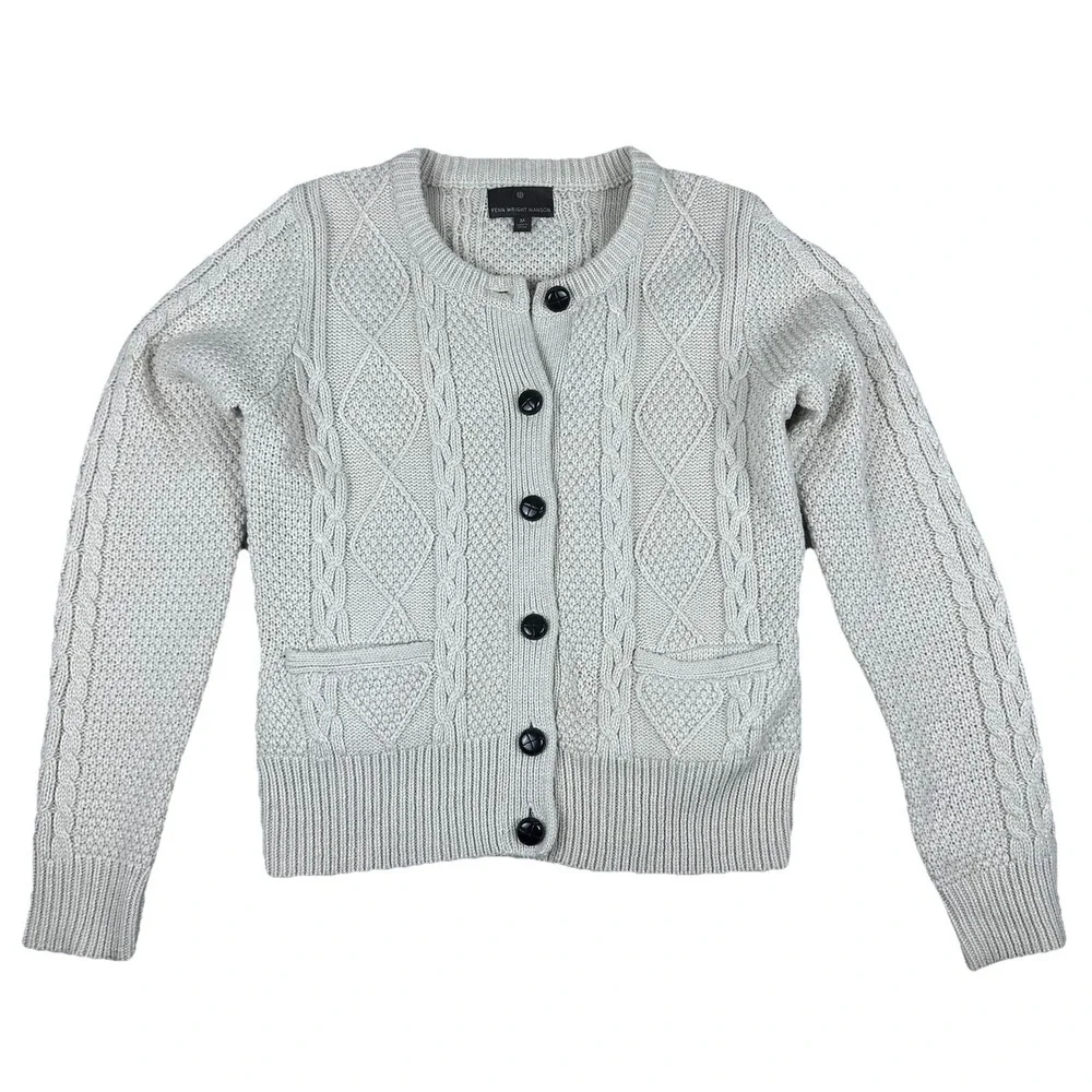 Fenn Wright Manson Cable Knit Cardigan Women's M‎ Ivory Wool Blend Elbow Patches