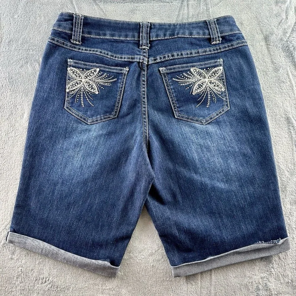 Christopher & Banks Rhinestone Jean Shorts Sz 6 Blue‎ Pockets Flowers Cuffed EUC