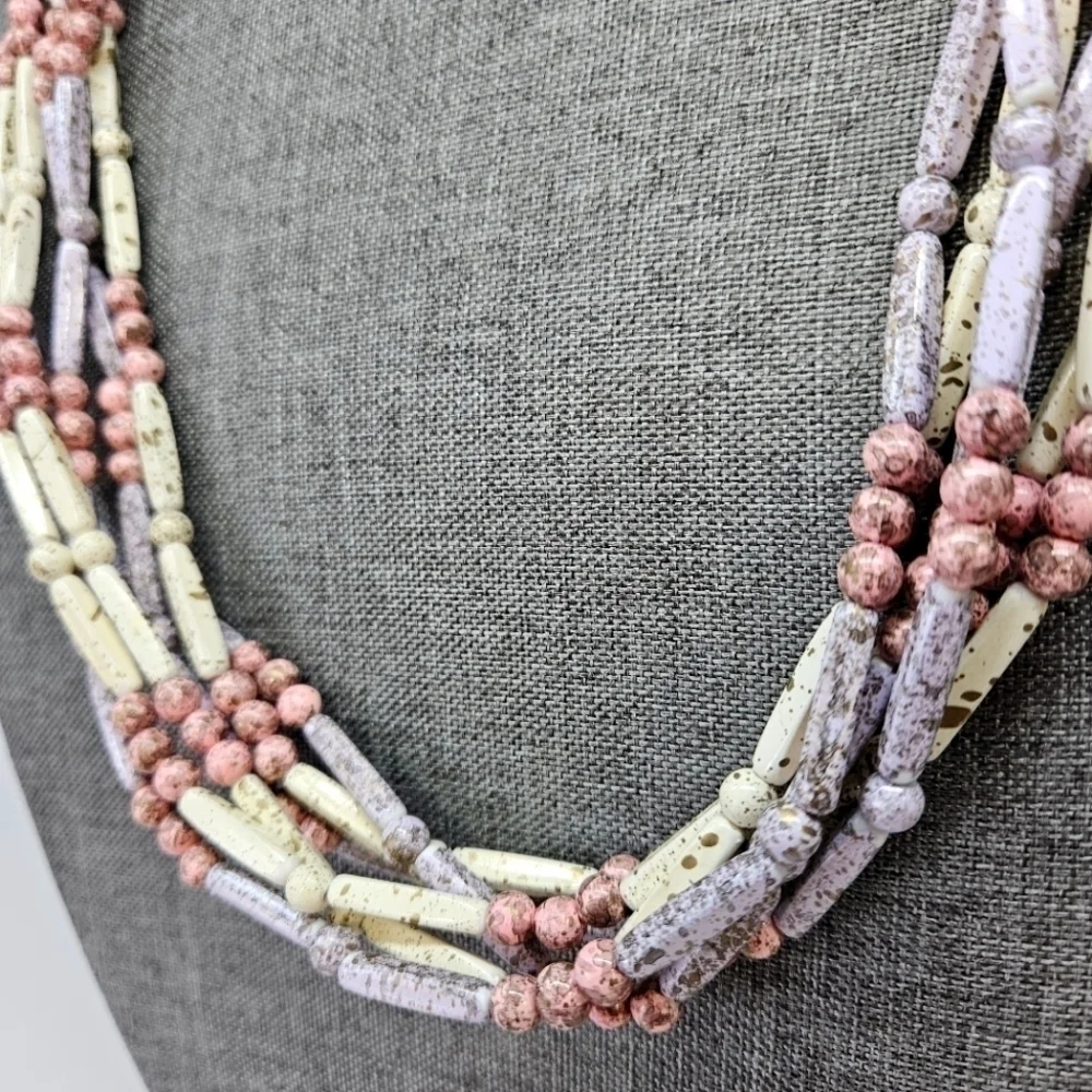VINTAGE Multi-Strand Pastel Splatter Plastic Bead Beaded Convertible Necklace