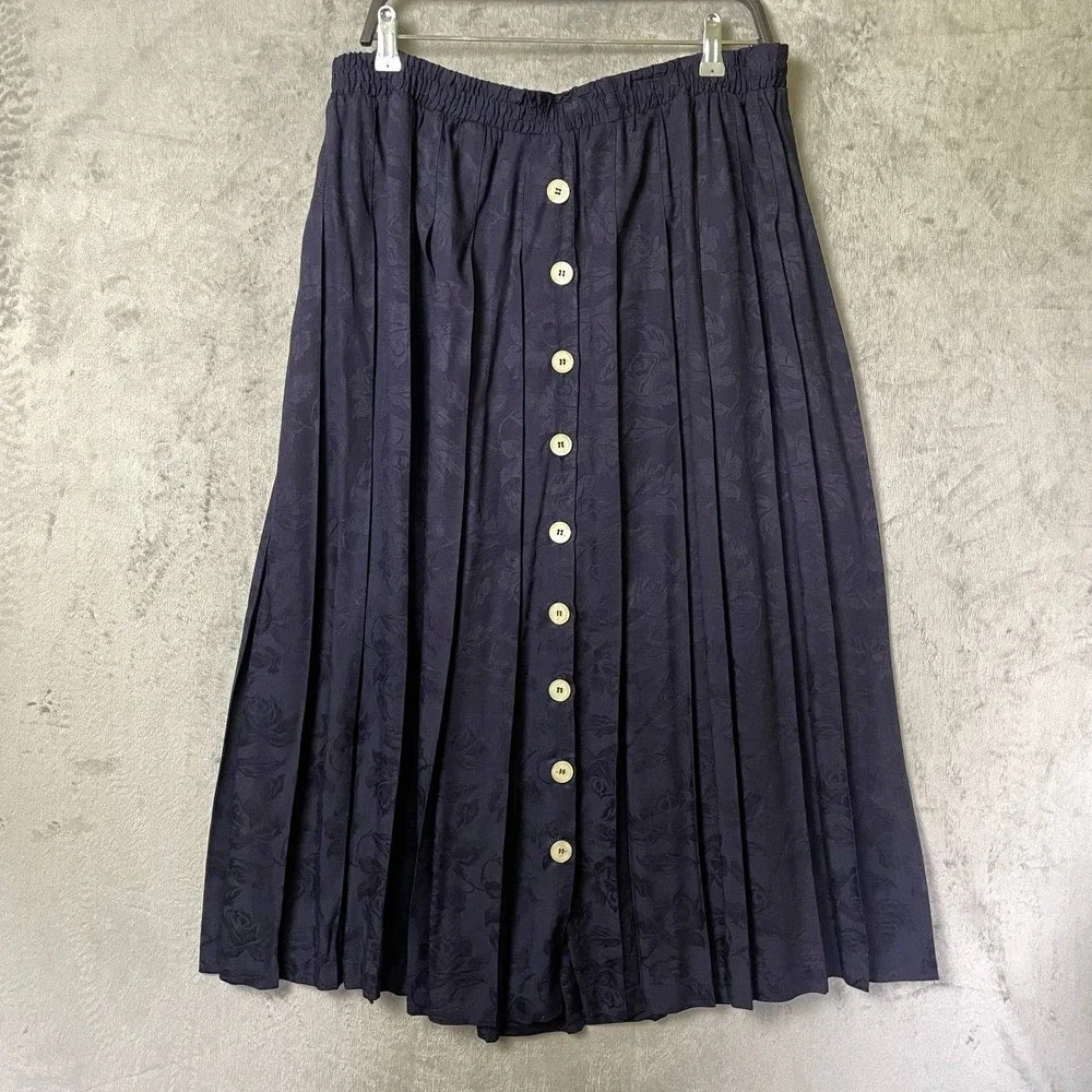 Vintage Marisa Christina II 3X Navy Floral Pleated Button Front Rayon Skirt